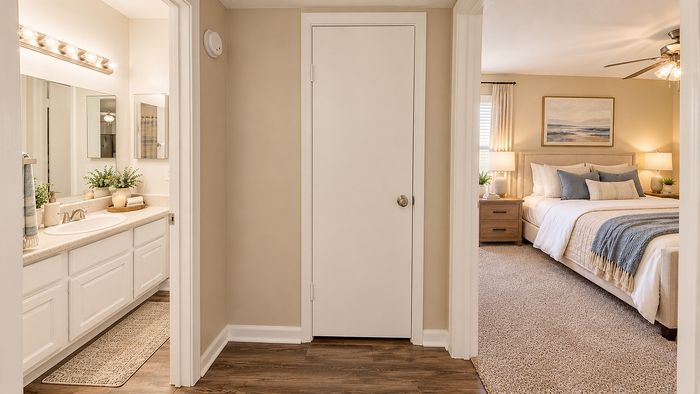 Interior hallway providing access to the bathroom and staged bedroom at Parkside Apartments.