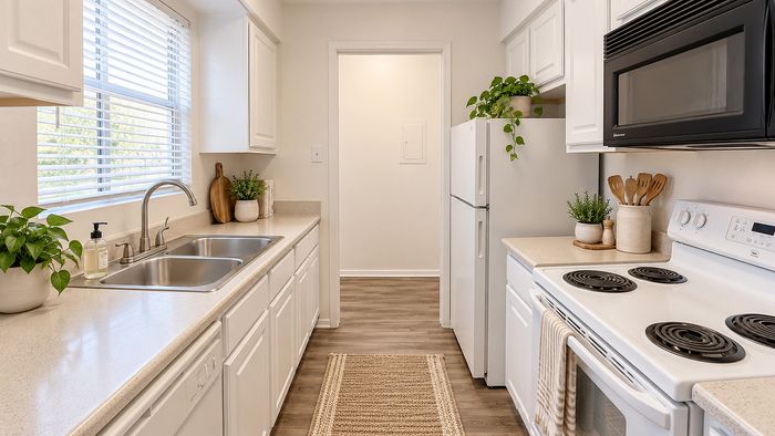Galley kitchen with white cabinets, double sink, white appliances and wood-style flooring at Parkside Apartments.