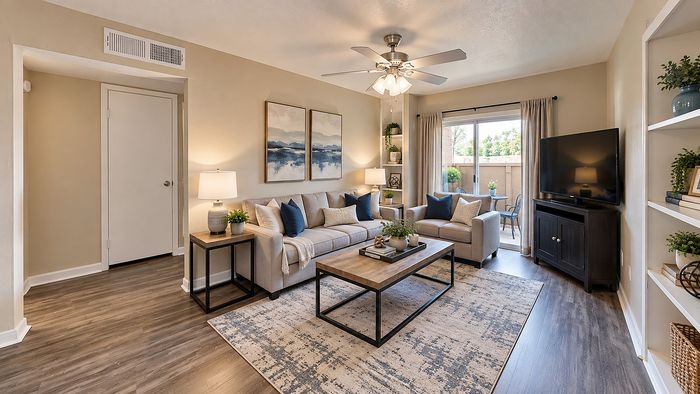 Staged living room with neutral sofa and seating, area rug, wood-style flooring and natural light at Parkside Apartments.
