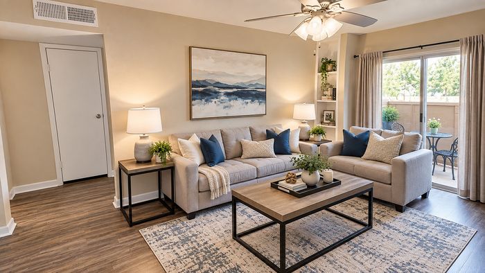 Bright apartment living room with neutral furnishings, blue accents, wood-style flooring and patio access at Parkside Apartments