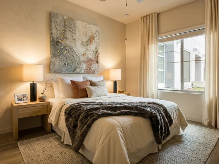 Elegant bedroom featuring a cozy queen-sized bed, textured artwork, and warm ambient lighting. Large window with natural light enhances the space.