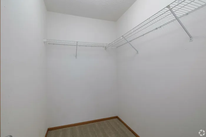 Spacious walk-in closet with carpet flooring and ample shelving, perfect for organized storage.