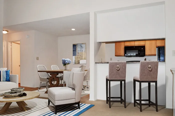 Inviting apartment interior with modern open-concept living and dining area, elegant kitchen with bar seating, and stylish decor.