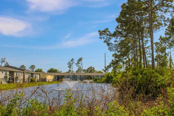 Serene apartment complex with picturesque pond view and lush greenery, offering tranquility and modern living.