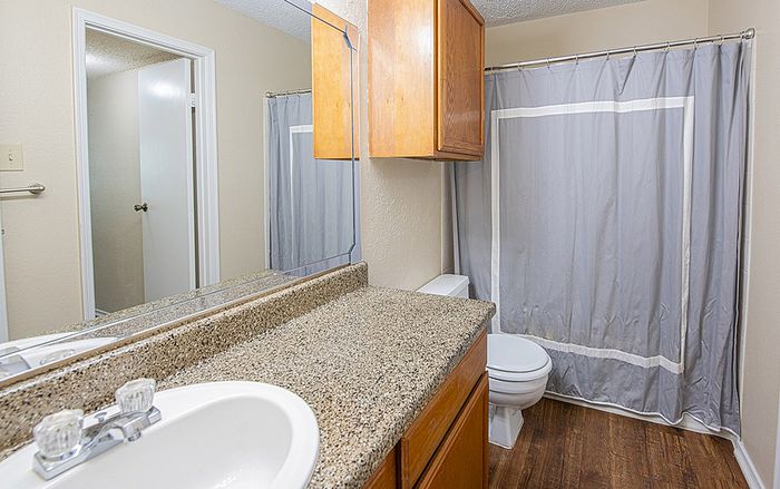 Inviting bathroom with stylish granite countertops, warm wood cabinetry, and a modern shower curtain for a cozy, elegant feel.