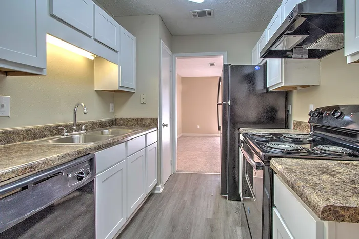 Modern kitchen with sleek black appliances, granite countertops, and ample white cabinetry.