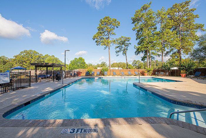 Inviting outdoor pool area with clear blue water, surrounded by lush trees, sun loungers, and a serene atmosphere.