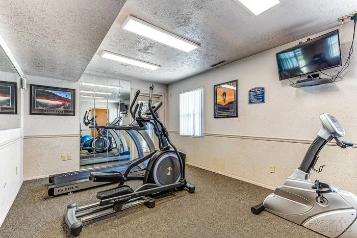 Bright and inviting apartment gym featuring state-of-the-art elliptical machines, wall-mounted TV, and motivational artwork.