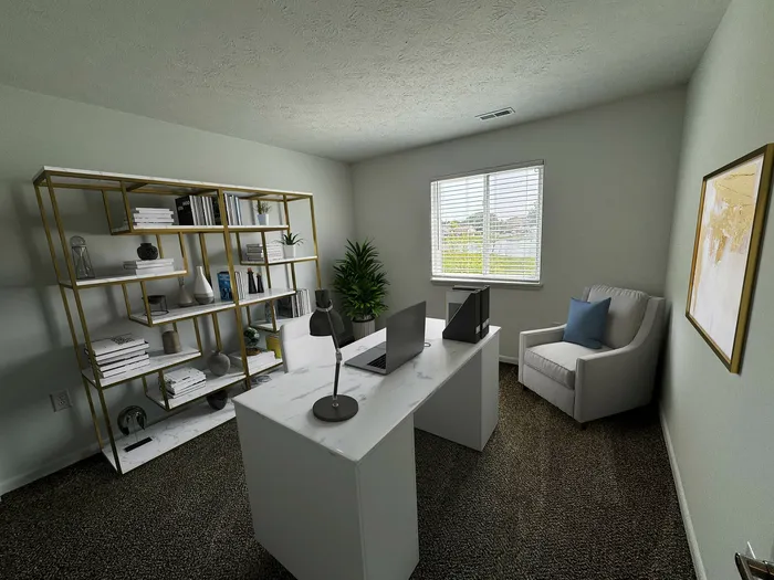Chic home office with a large window, elegant white desk, modern bookshelf, and cozy armchair.
