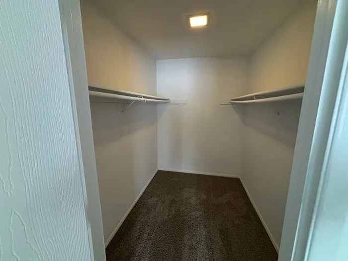 Spacious walk-in closet with sleek shelves and modern lighting, ideal for ample storage in a stylish home.