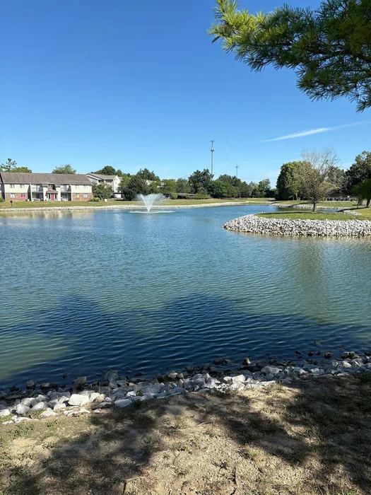 Serene waterside view with a sparkling fountain and lush greenery, perfect for tranquil living.