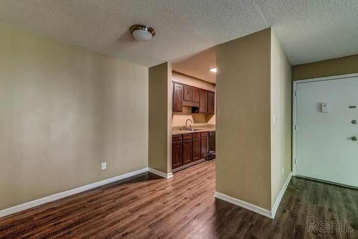Inviting entryway with sleek wood flooring leading to a cozy kitchen space featuring elegant dark wood cabinets and modern lighting.