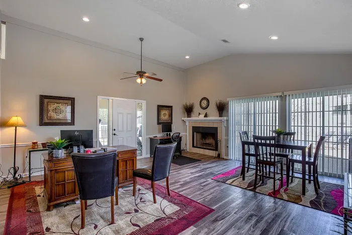 beautiful leasing office with fireplace