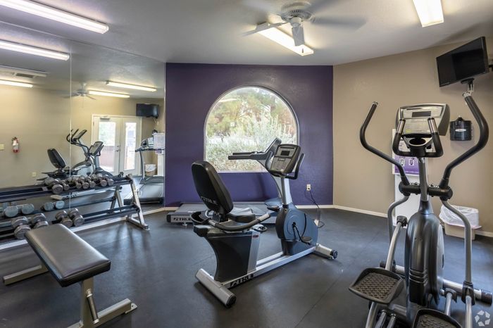 Modern apartment fitness center with exercise machines and a vibrant purple accent wall.