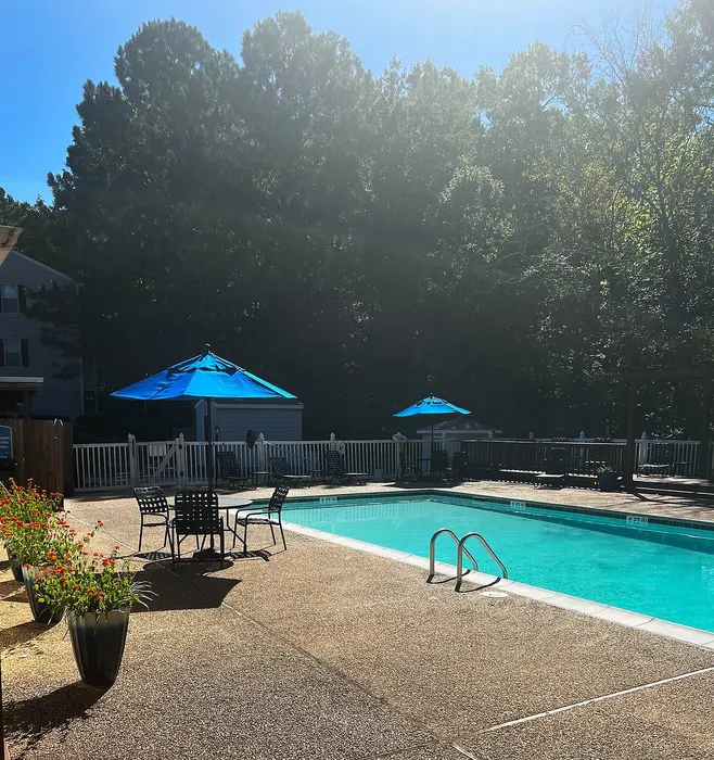 Inviting outdoor swimming pool surrounded by lush trees, featuring bright blue umbrellas and elegant seating areas, offering a relaxing retreat.