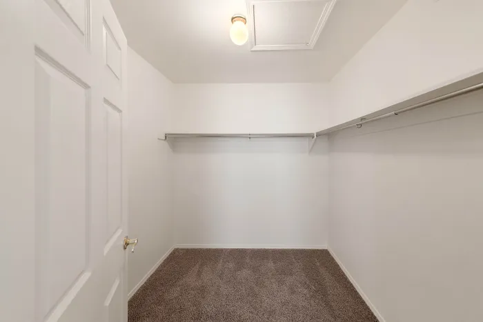 Spacious walk-in closet with plush carpeting and ample shelving space, ideal for organized living.