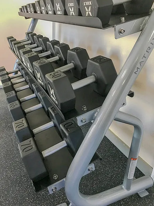Modern gym setup featuring a sleek dumbbell rack with various weights, perfect for a comprehensive home workout.