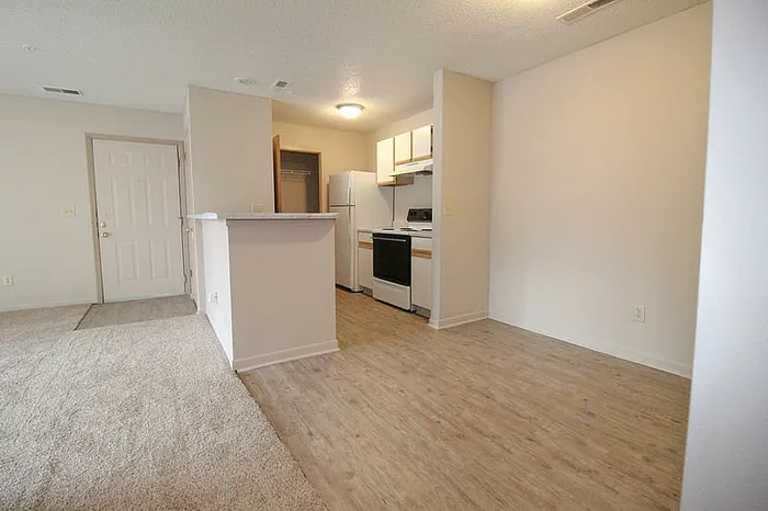 Modern apartment interior showcasing an open-concept layout with a cozy carpeted living area and a sleek kitchen with white cabinetry and appliances.