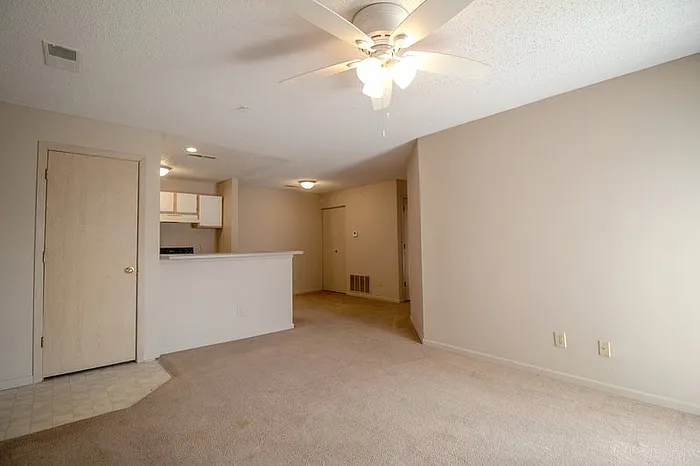 Bright and spacious open-concept living area with ceiling fan and cozy carpet flooring, adjacent to a compact kitchen with modern lighting.