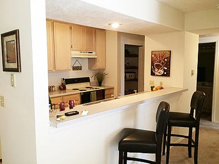 Inviting open kitchen with modern countertops, bar seating, and warm lighting, creating a perfect space for entertaining.
