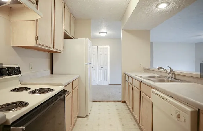 Bright and inviting kitchen with modern appliances, ample cabinetry, and a spacious countertop overlooking the living area.
