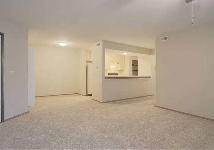 Inviting open-concept living space showcasing plush carpeting and a modern kitchen with ample natural light.