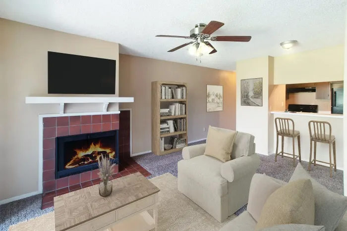 Beautiful living area with a fireplace.
