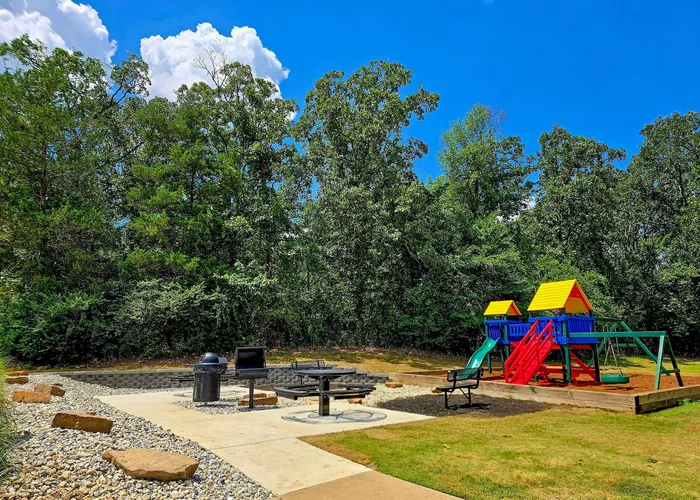 Charming outdoor area featuring a colorful playground, picnic table, and BBQ grill surrounded by lush greenery and clear blue skies.