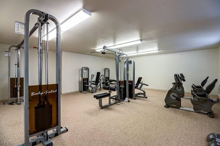 Modern fitness room equipped with state-of-the-art exercise machines, offering a versatile workout space.