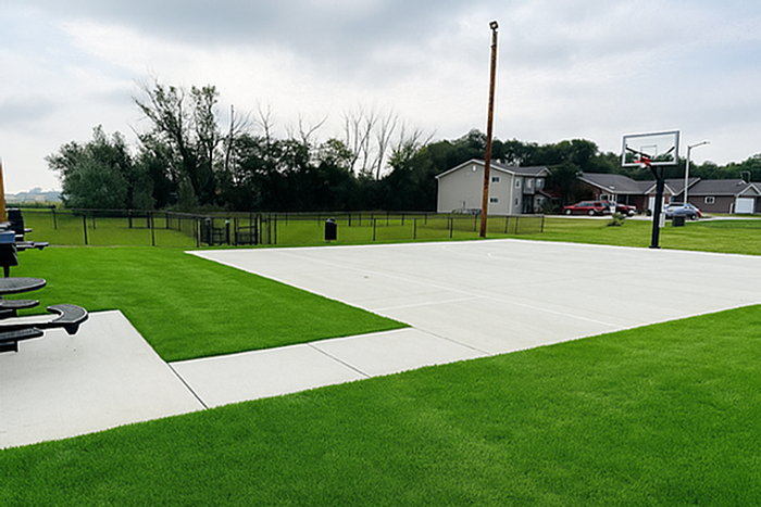 Pristine outdoor basketball court surrounded by lush green grass, perfect for recreational activities in a peaceful residential area.