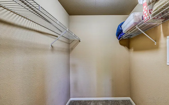 Spacious walk-in closet with ample shelving and cozy carpet, ideal for organized storage and stylish living.