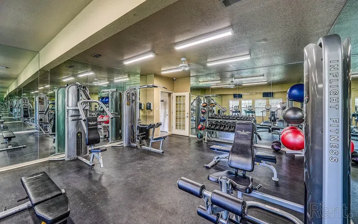 Modern fitness center equipped with state-of-the-art workout machines, vibrant exercise balls, and mirrored walls for an enhanced gym experience.