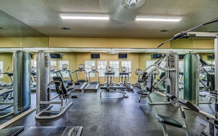 Modern apartment gym with state-of-the-art fitness equipment, including treadmills, weight machines, and mirrors for an invigorating workout experience.