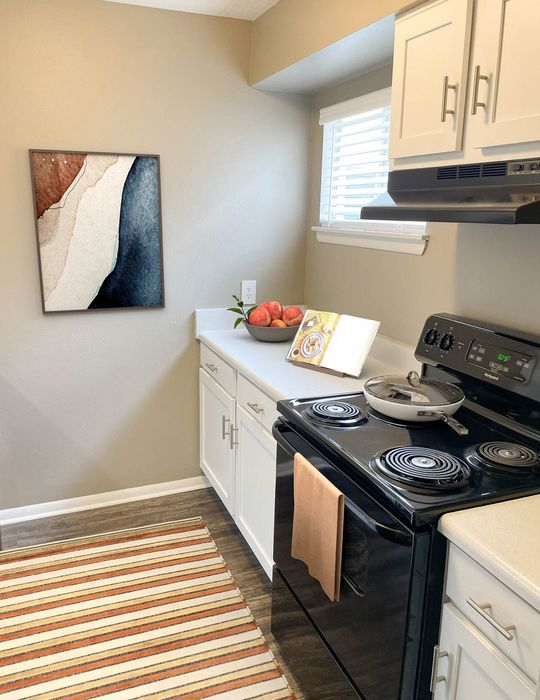 Charming kitchen with modern black stove, white cabinetry, and vibrant striped rug. Inviting, bright space with a touch of art.