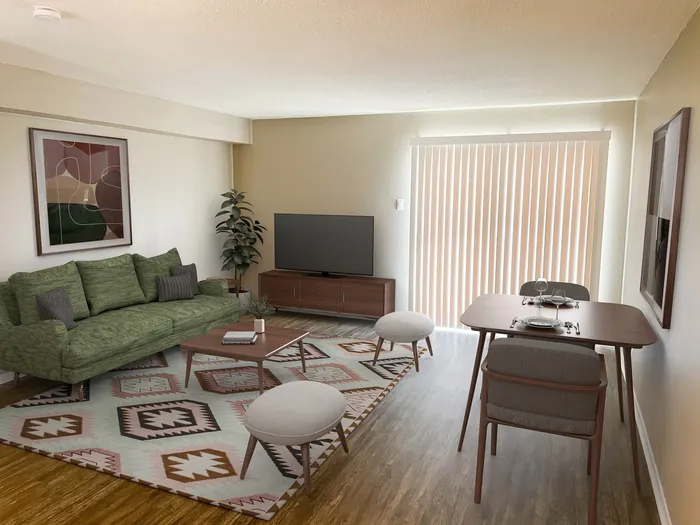 Inviting living and dining area featuring a plush green sofa, modern furniture, elegant decor, and natural light from vertical blinds.