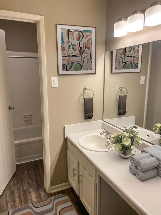 Modern bathroom with elegant decor, featuring a sleek vanity, ambient lighting, contemporary artwork, and a view into a clean bathtub area.