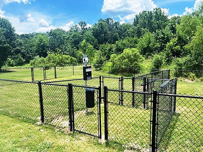 Vibrant outdoor area featuring a secure fenced dog park surrounded by lush greenery and blue skies.