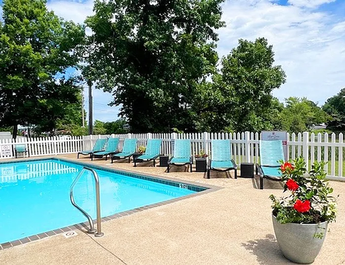 Inviting outdoor pool area with comfortable turquoise lounge chairs, vibrant flowers, and lush greenery, perfect for relaxation.