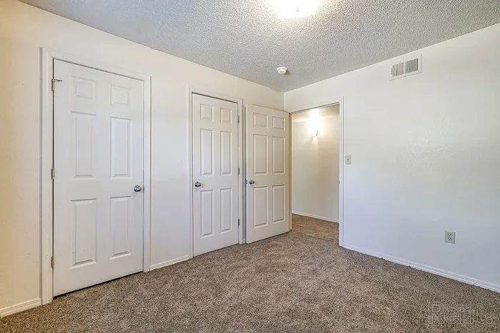 Bright, inviting room with plush carpeting and three white closet doors, offering ample storage for a tidy lifestyle.