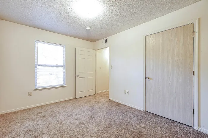 Bright bedroom with plush carpet, featuring natural light from a large window and ample closet space.