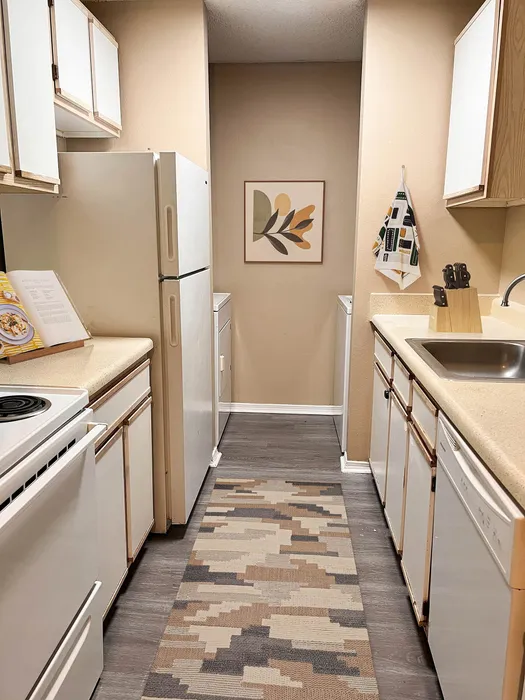 Charming galley kitchen featuring modern appliances, elegant countertops, and tasteful decor with a cozy runner rug.