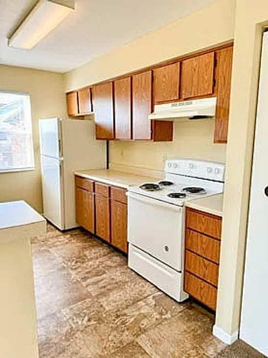 Bright and inviting kitchen with modern appliances, warm wooden cabinets, and ample counter space.