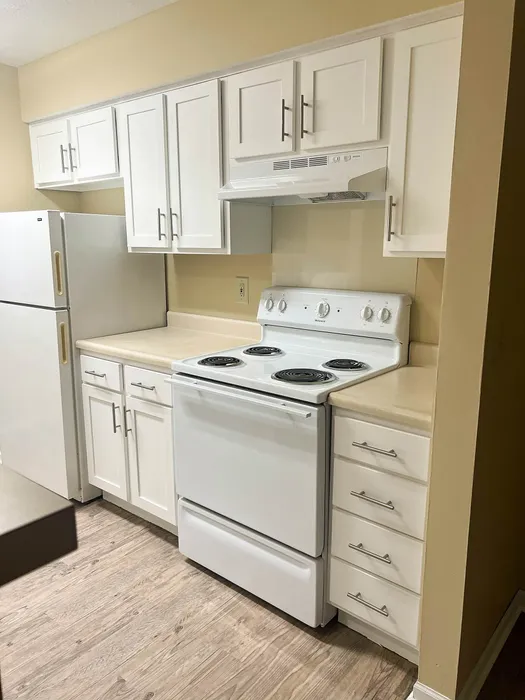 Modern kitchen with sleek white cabinetry, spacious countertops, and a classic electric stove for culinary inspiration.