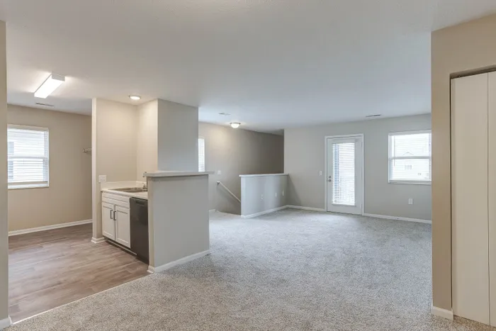 Bright open-plan living area with elegant carpeting and sleek kitchen, ideal for stylish urban living.