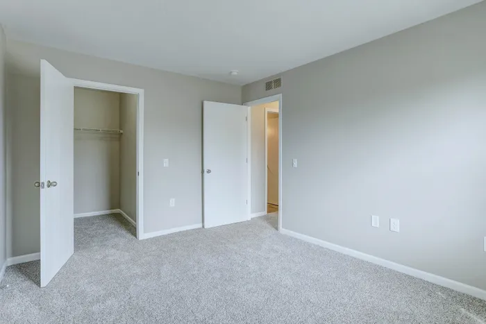 Modern bedroom with fresh neutral walls, soft carpet flooring, and two open doors leading to a convenient closet and hallway.