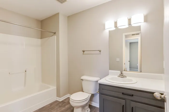 Modern bathroom with elegant lighting, pristine bathtub, and sleek vanity in a cozy apartment setting.