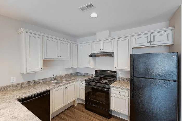 Modern kitchen with sleek black appliances, elegant cabinetry, and spacious countertops offering a blend of style and functionality.