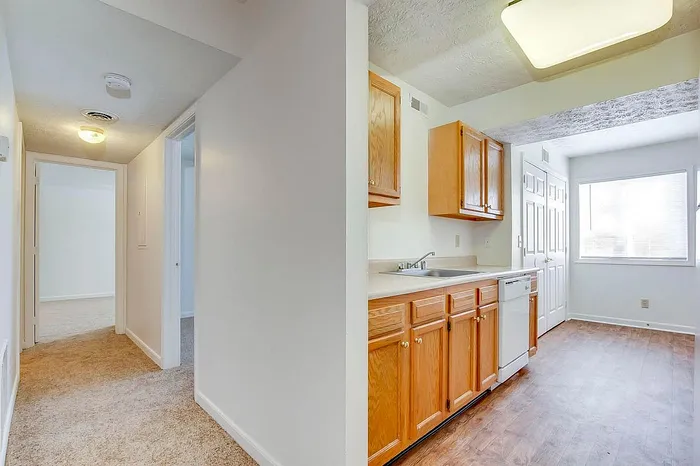 Bright apartment hallway leading to cozy carpeted rooms, alongside a warm kitchen with wooden cabinetry and modern appliances.