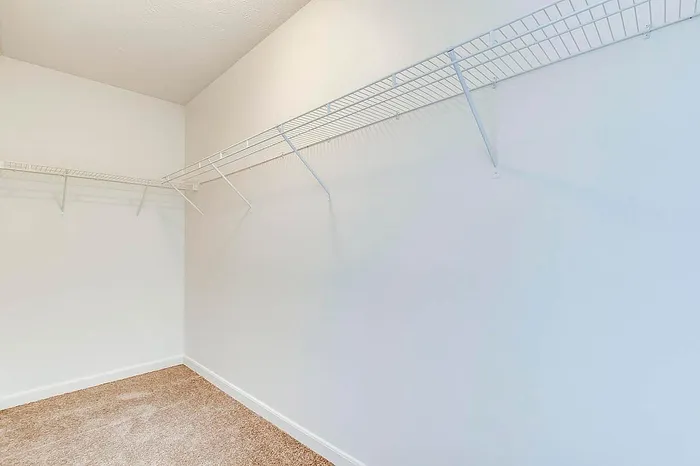Spacious walk-in closet with sleek white shelving and plush carpeting, perfect for organized storage.