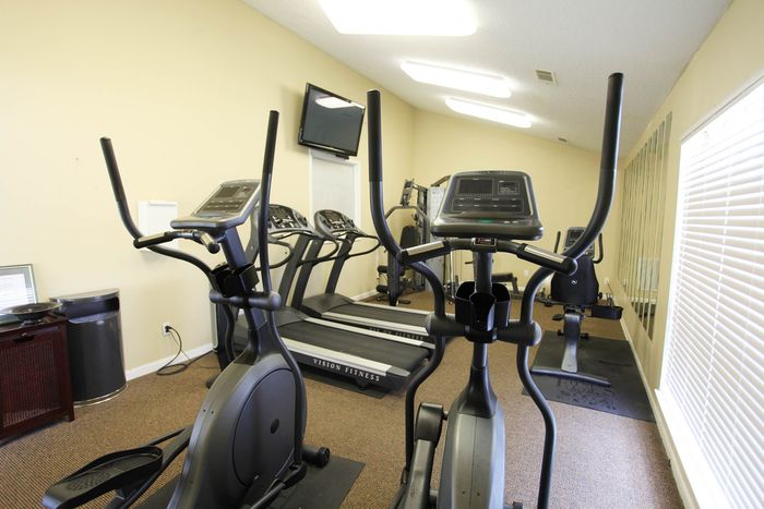 Modern fitness center equipped with state-of-the-art elliptical trainers, treadmills, and mirrored walls for an optimal workout experience.